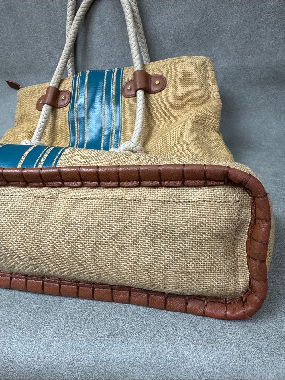 Tory Burch Tan Canvas Tote with Blue Stripe and White Rope Handles - Picture 11 of 16